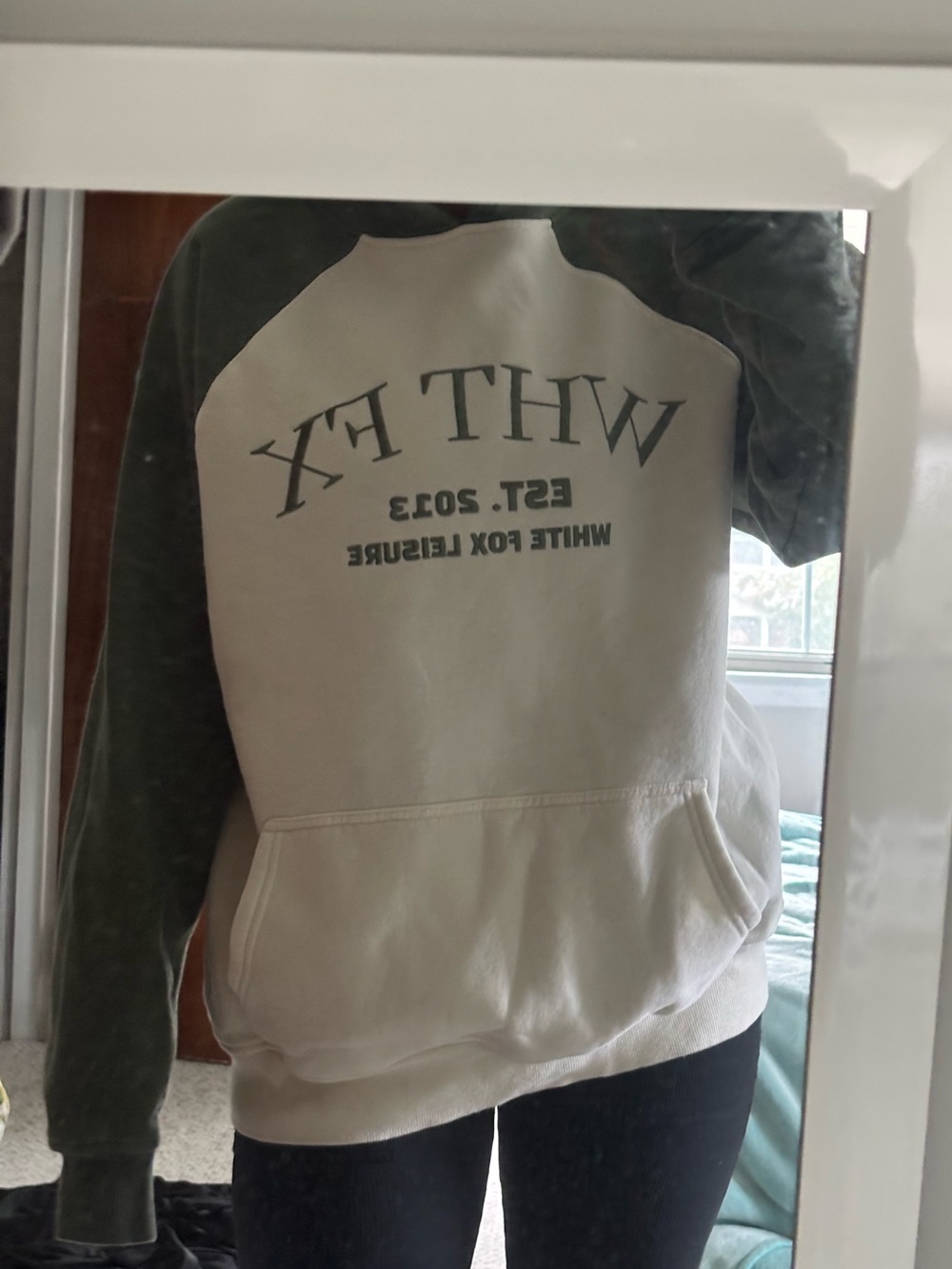 White Fox Boutique Cream and Forest Green Raglan Pullover Hoodie